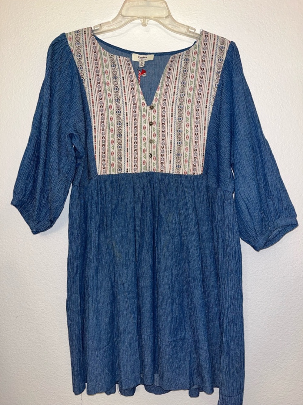Hayden Indigo Boho Tunic Dress with Embroidered Yoke